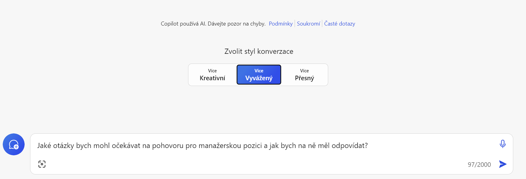 Příklad zadání promptu pro Copilota o pohovoru