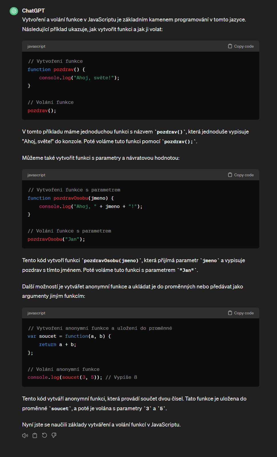 Odpověď AI na vytváření a volání funkcí v JavaScriptu