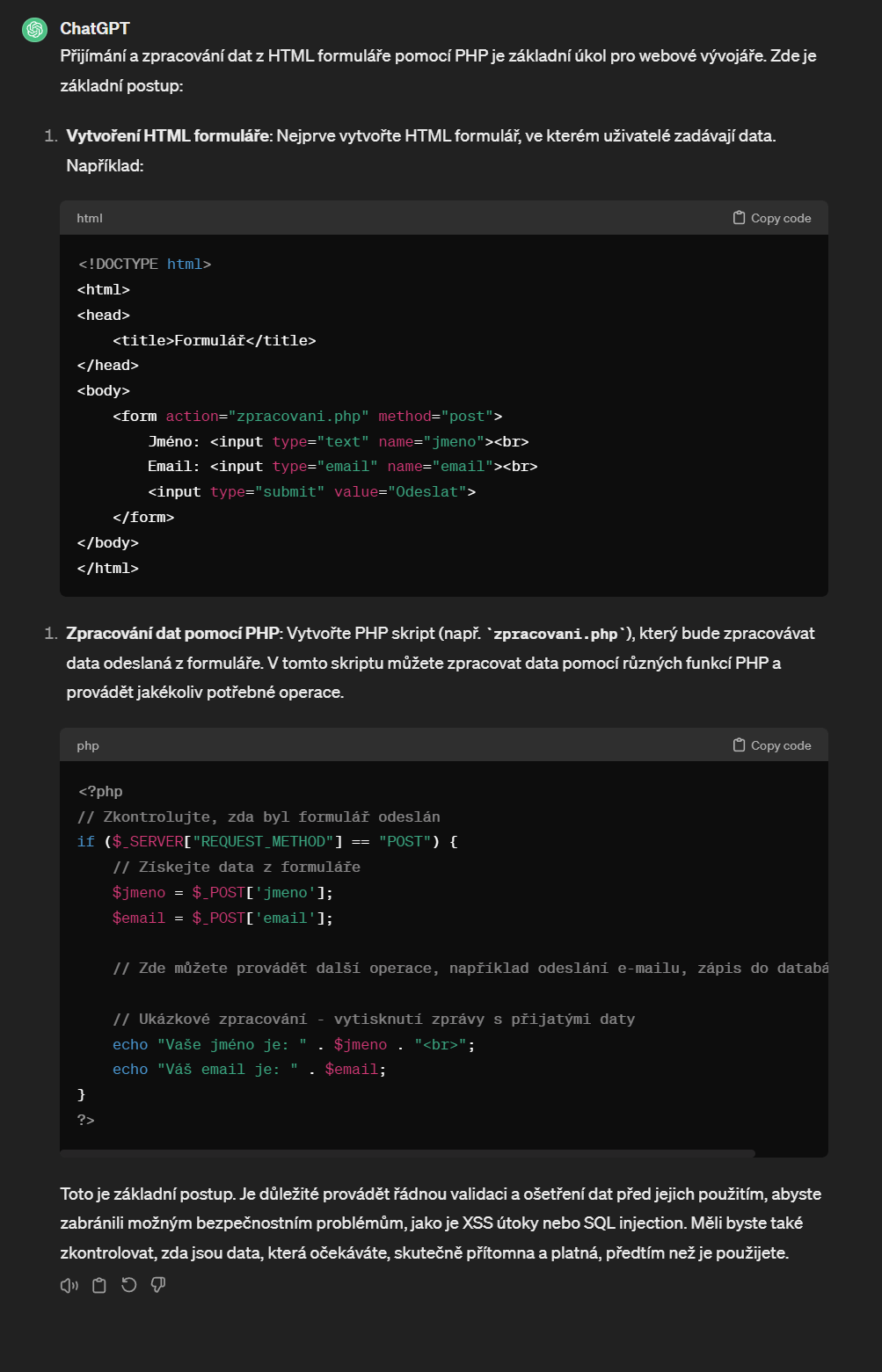 Odpověď AI na zpracování formulářů v PHP