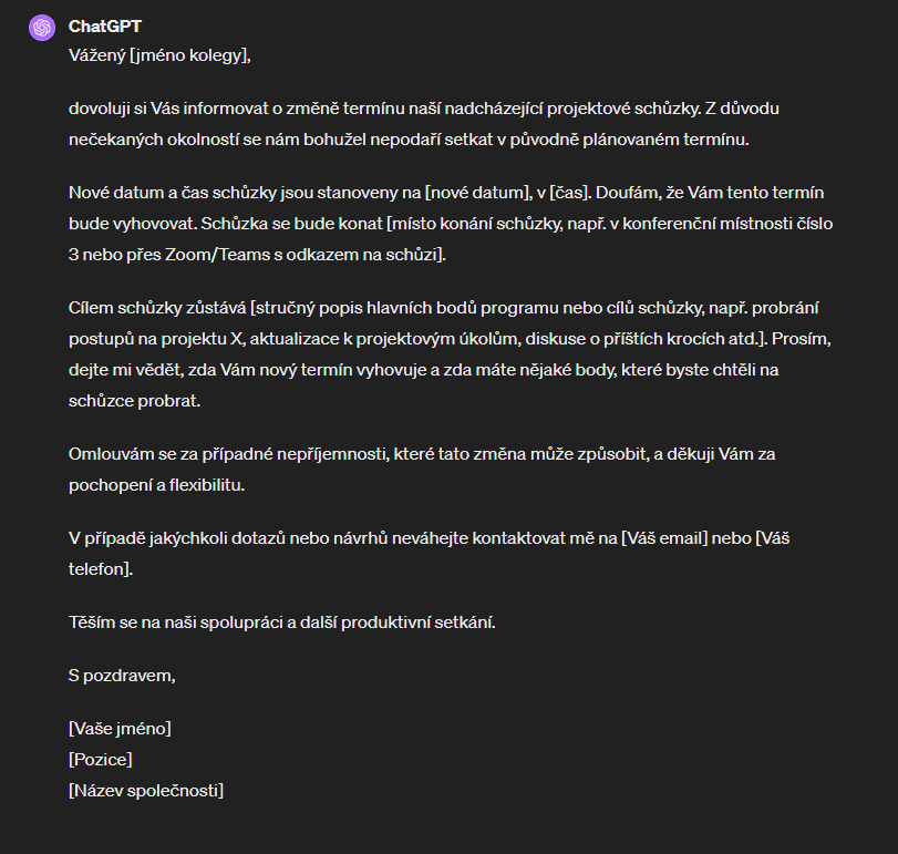 Ukázka odpovědi od ChatGPT na prompt