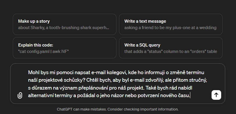 Ukázka specifičtějšího promptu pro ChatGPT