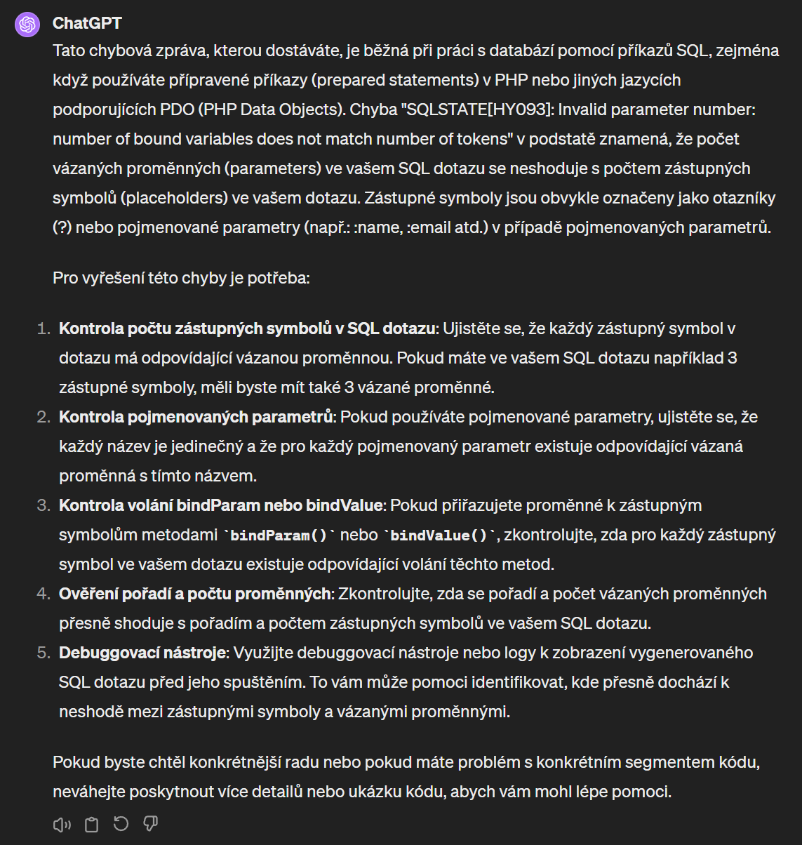 Odpověď AI na dotaz o SQL chybě