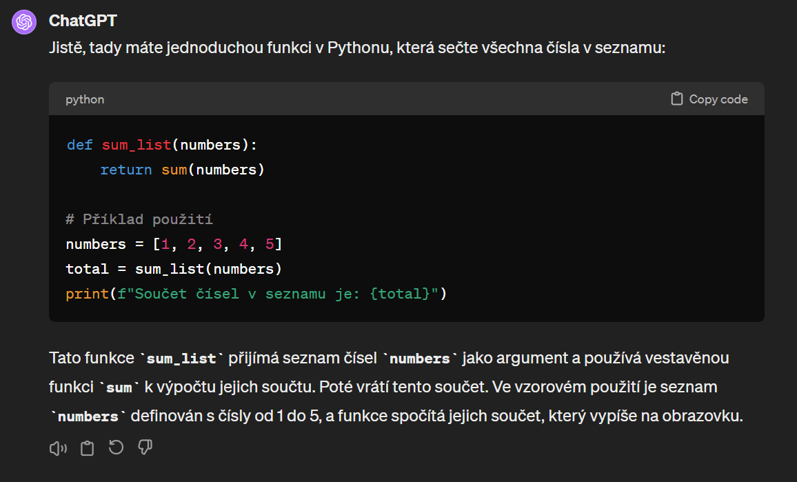 Odpověď AI na dotaz o funkci seznamu v Pythonu