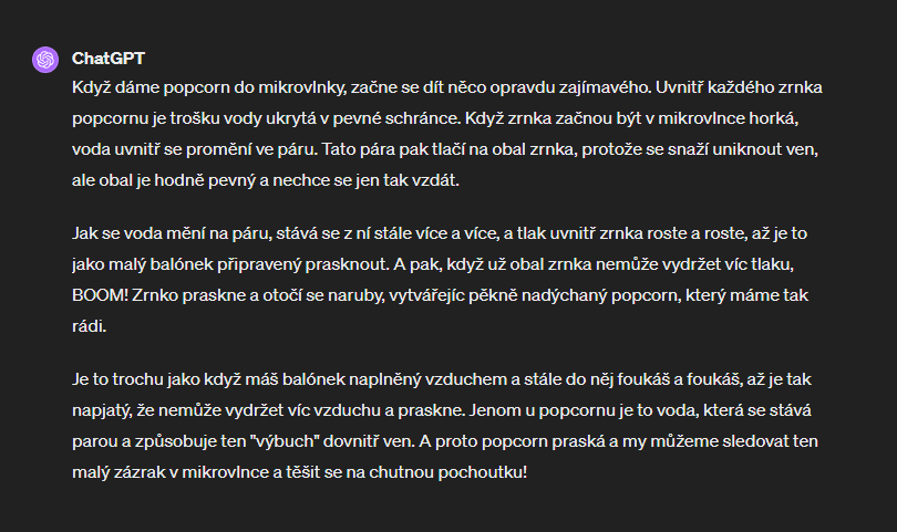Odpověď ChatGPT na vysvětlení praskání popcornu